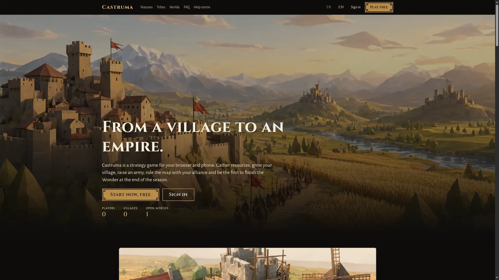 Castruma karşılama sayfası. Dağlar ve nehir vadisinin önünde surlarla çevrili taş bir kale; solda "From a village to an empire." başlığı ve altın çerçeveli "Start now, free" düğmesi.